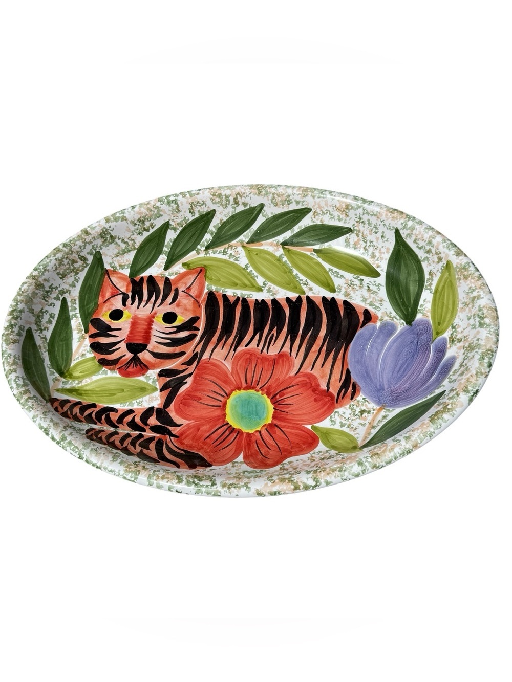 VTG Bellini Warnecke Tiger Floral Oval Serving Platter Hand Painted Majolica 19”